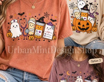 Spooky Medical Halloween Shirt, Ghost Nurse, Stethoscope, Pumpkin Characters (Graphic Tee)