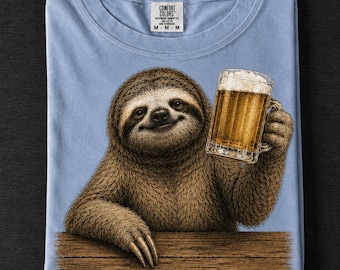 Camiseta de cerveza con diseño de perezoso, camiseta divertida con estampado de animales bebiendo, estilo relajado de bar.
