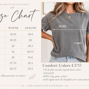 May include: A size chart for a Comfort Colors C1717 t-shirt, displaying width and length measurements in inches for sizes S through 4XL. The chart includes a visual guide on a grey t-shirt showing where to measure width and length.