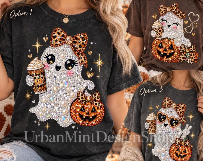Featured listing image: Jeweled Ghost Pumpkin Tee, Leopard Bow, Rhinestone Art, Spooky Season Outfit