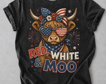 Camiseta Red White Moo Highland Cow, camiseta patriótica estilo western para el 4 de julio.