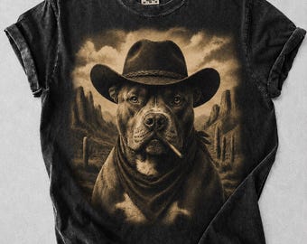 Camiseta vaquera con estampado de perro pitbull, camiseta con estampado del desierto del oeste, camiseta de estilo rodeo vintage con colores cómodos.