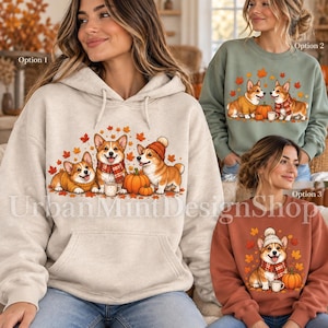 Autumn Corgi Sweatshirt, Cozy Fall Dog Lover Crewneck or Hoodie with Pumpkins Leaves Scarf Knit Hat and Coffee Mug Graphic