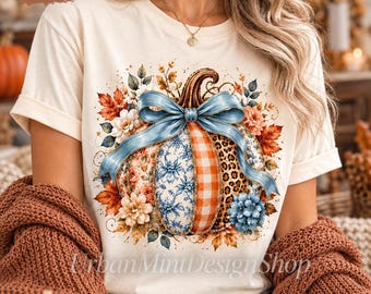 Patchwork Pumpkin Bow Shirt, Floral Gingham Leopard Print Fall Tee