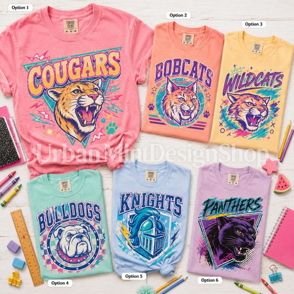 Camiseta con estampado de mascota, camiseta con el espíritu escolar, Cougars, Bobcats, Wildcats, Bulldogs, Knights, Panthers