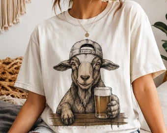 Camiseta con estampado de cabra y cerveza, camiseta con estampado de animales de granja, camiseta con humor rústico campestre.