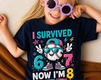 Baseball Birthday Shirt, I Survived 7 Now I’m 8, Boys 8th Birthday Tee
