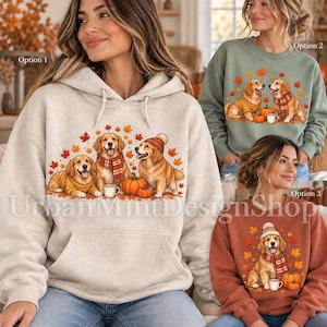 Autumn Golden Retriever Sweatshirt, Fall Dog Lover Pullover with Pumpkin and Maple Leaf Art, Cozy Pet Mom Seasonal Gift Idea