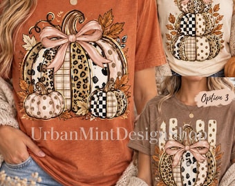 May include: Three t-shirts labeled Option 1, Option 2, and Option 3, featuring pumpkin graphics with leopard, plaid, and polka dot patterns, accented by bows and autumn leaves. The text UrbanMintDesignshop is printed across the center of the image.