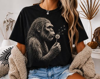 Camiseta de gorila y diente de león, camiseta vintage con estampado de animales salvajes, arte de la naturaleza y los animales.