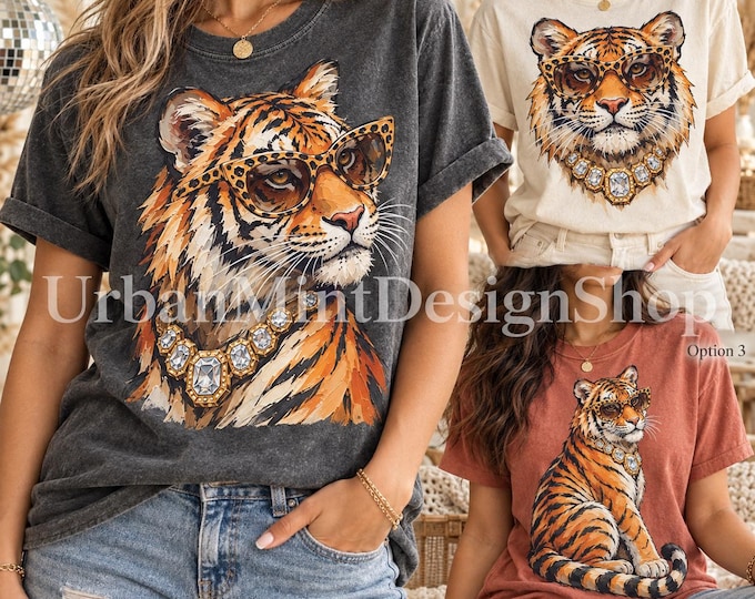 Featured listing image: Jeweled Tiger Graphic Tee, Leopard Sunglasses, Gem Necklace, Bold Fashion Style