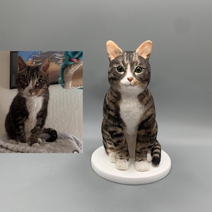 May include: A detailed cat figurine with brown and black tabby markings and white chest and paws. The cat is seated on a white circular base, with a realistic depiction of the cat's features. The image also includes a photo of a real cat.
