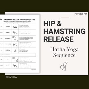 May include: A printable PDF document titled Hip & Hamstring Release Hatha Yoga Sequence. The white page features black text and line-art stick figure illustrations demonstrating yoga poses with time durations and instructions for each movement.