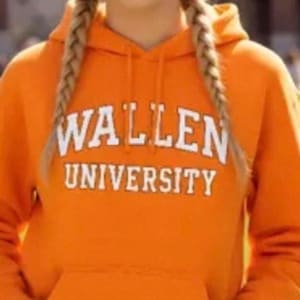 May include: An orange hoodie with the text "WALLEN UNIVERSITY" in white block letters. The hoodie has a drawstring hood and a front pocket. The fabric appears to be a soft, comfortable material.
