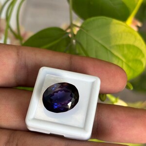 May include: An oval-cut, deep purple gemstone is displayed in a white plastic case. The gemstone has a polished surface that reflects light, showcasing its color variations. The background features green leaves, adding a natural contrast to the gem.