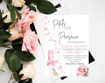 Blütenblätter und Prosecco Brautparty Einladungsvorlage, Rosa Pastell Blumen & Prosecco Bubbly Bru