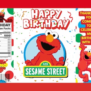 May include: A colorful birthday-themed design featuring Elmo from Sesame Street. The design includes the text "Happy Birthday," "Sesame Street," and "Thank you for coming to celebrate my birthday with me!" with confetti and a nutrition facts label.
