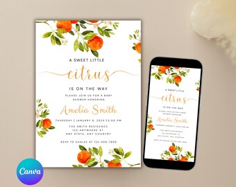 Invitación para baby shower con cítricos y naranja / Plantilla editable / Descarga instantánea / Imprimible