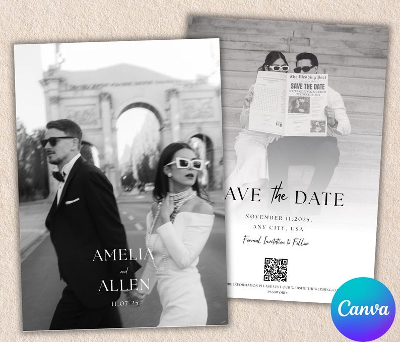 May include: Black and white wedding save-the-date cards. One card features a couple walking, the other shows a couple reading a newspaper. Text includes "SAVE THE DATE", names, and date.