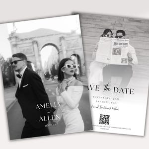 May include: Black and white wedding announcement cards. One card features a couple walking, with the names "Amelia and Allen" and the date "11.07.25". The other card says "Save the Date" with the date "November 11, 2025".