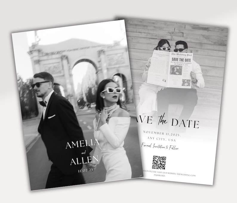 May include: Black and white wedding announcement cards. One card features a couple walking, with the names "Amelia and Allen" and the date "11.07.25". The other card says "Save the Date" with the date "November 11, 2025".