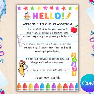May include: A colorful classroom welcome sign with the word "HELLO!" in large letters. The sign includes text welcoming students, a cartoon pencil, a red apple, and a number countdown. The sign is decorated with stars and crayons.