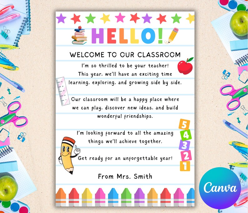 May include: A colorful classroom welcome sign with the word "HELLO!" in large letters. The sign includes text welcoming students, a cartoon pencil, a red apple, and a number countdown. The sign is decorated with stars and crayons.