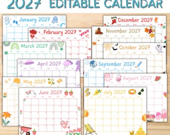 Puede incluir: Un conjunto de calendario editable para 2027 que incluye doce páginas mensuales con ilustraciones estacionales. Cada página muestra el nombre del mes, el año y una cuadrícula para las fechas. Los diseños incluyen temas de invierno, primavera, verano y otoño con iconos coloridos como muñecos de nieve, flores, equipo de playa y calabazas.