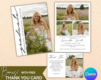 Invitación moderna de graduación con foto y tarjeta de agradecimiento: Plantilla editable (Descarga instantánea)