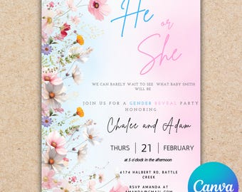 Wildflower Gender Reveal Invitation: He or She, Floral Baby Shower (Canva Editable, Digital File)