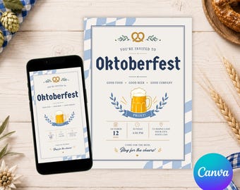 Oktoberfest Invitation Template Bavarian Blue Check Design  : Editable Template (Instant Download)