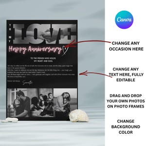 May include: A black and white anniversary print with the word "LOVE" in large letters. The print includes the text "Happy Anniversary" and a personal message. The design also features photo frames and a Canva logo.