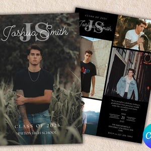 May include: A graduation announcement with a photograph of a young man in a black top and jeans. The design includes the text "Class of 2025" and "Payton High School." Additional photos and details are on a black background.