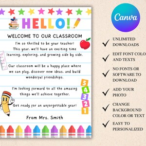 May include: A colorful classroom welcome sign with the word "HELLO!" in large, multi-colored letters. The sign includes text welcoming students, a cartoon pencil, a red apple, and a Canva logo. It also lists features like unlimited downloads and easy personalization.
