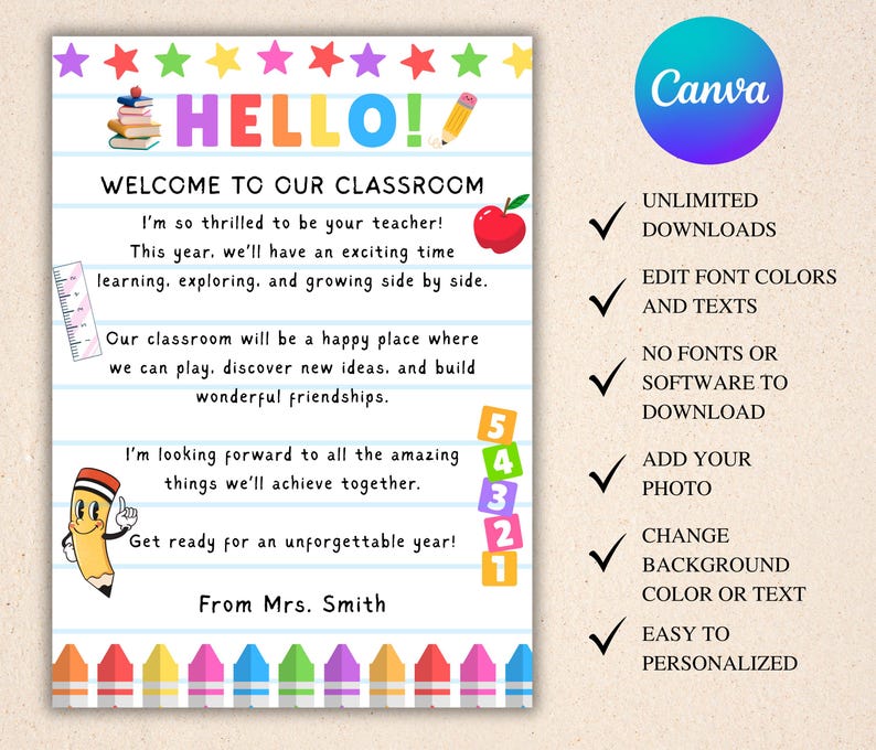 May include: A colorful classroom welcome sign with the word "HELLO!" in large, multi-colored letters. The sign includes text welcoming students, a cartoon pencil, a red apple, and a Canva logo. It also lists features like unlimited downloads and easy personalization.