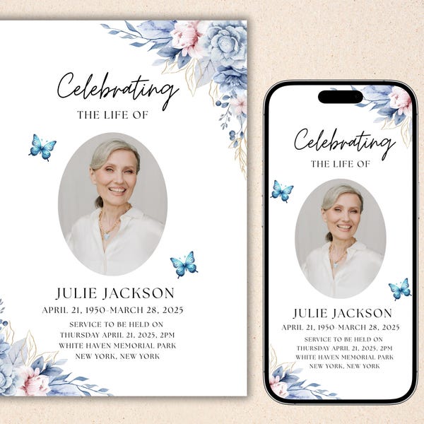Blue Butterfly Funeral Announcement: Editable Memorial Invitation (Digital Template)