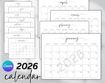 2026 Kalendervorlage, Minimalistischer Monatsplaner, Sonntag oder Montag Start, Canva Printable Pdf