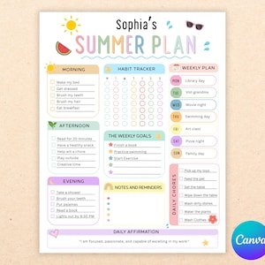 May include: A vibrant summer plan chart for Sophia, with a sun, watermelon, and sunglasses illustrations. It details morning, afternoon, and evening activities, a habit tracker, weekly plan, weekly goals, daily chores, notes, and a daily affirmation.