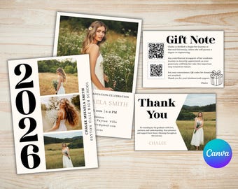 May include: A collection of graduation announcements and thank you cards. The cards feature photos of a person in a white dress holding flowers. The cards include the graduate's name, graduation year, and a gift note with QR codes.