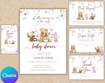 Pacote de convites florais para chá de bebê do Ursinho Pooh (modelo editável do Canva)