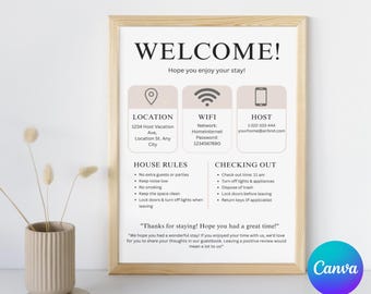 Cartello di benvenuto per affitti brevi, guida per gli ospiti di Airbnb, modello Canva modificabile (download immediato)