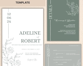 Sage Green Botanical Wedding Invitation Set: Editable Canva Template (Digital Download)
