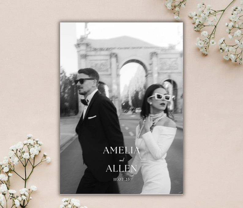 May include: Black and white wedding announcement featuring a couple walking in front of an archway. The text "AMELIA and ALLEN 11.07.25" is displayed in a minimalist font. The couple is wearing sunglasses and formal attire.