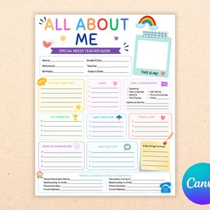 May include: A colorful "All About Me" special needs teacher guide. The form includes sections for personal information, strengths, communication methods, and things the individual loves. A rainbow and a photo frame are at the top.