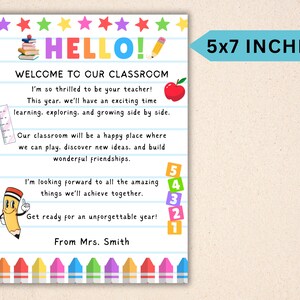 May include: A colorful classroom welcome sign with the text "HELLO!" and "WELCOME TO OUR CLASSROOM." The sign includes a friendly pencil illustration, an apple, and a ruler. The sign measures 5x7 inches.