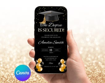 Digitale zwart-gouden luxe afstudeeruitnodiging: bewerkbare sjabloon (direct downloaden)