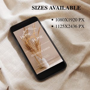 May include: A black smartphone displays a wedding invitation with the words "Home Sweet Home" in gold script. The invitation includes the names Amanda & Jason, event details, and a vase of dried flowers. Sizes available: 1080x1920 px and 1125x2436 px.