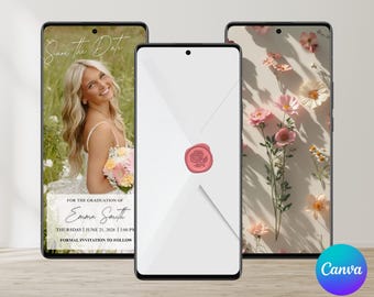 Invito digitale "Save the Date" per la laurea con tema floreale e foto: modello modificabile (download immediato)