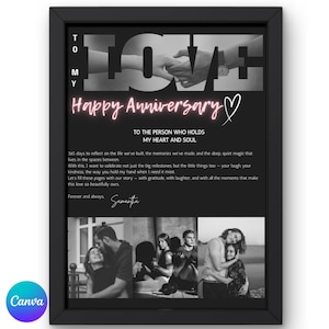 May include: A framed black and white photo collage with the word "LOVE" in large letters. The text "Happy Anniversary" is in pink script. The bottom of the frame has three black and white photos.