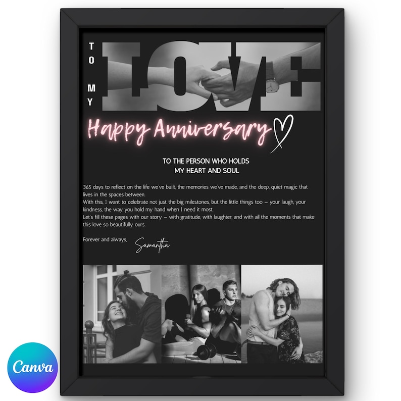 May include: A framed black and white photo collage with the word "LOVE" in large letters. The text "Happy Anniversary" is in pink script. The bottom of the frame has three black and white photos.